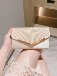 褶皱翻盖缎面晚装手拿包，时尚个性化信封手提包，适合派对、礼服、婚礼、豪华活动、鸡尾酒会手提包，优雅女士单肩包，婚礼手拿包 - 杏色 - 查看 6