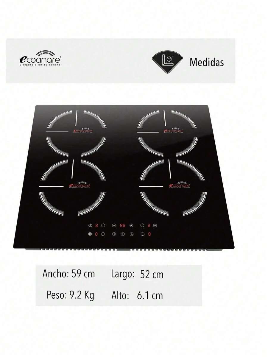 Estufa Inducción Magnética Parrilla 4 Quemadores Empotrable - Negro - Ver 1