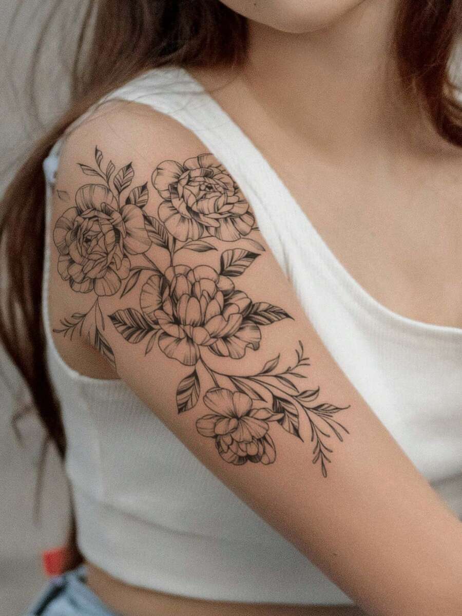 1pc Black Flower Pattern Body Temporary Tattoo Sticker For Arm, Chest, Belly, Back