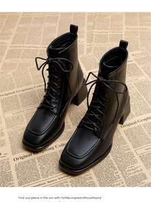 Women's Autumn/Winter New European And American Fashion Black High Heel Lace-Up Mid-Calf Boots, Women's Outdoor Leather Round Toe Medium Heel Criss-Cross Straps Stylish Boots, Slim Short Tube Boots - Black - View 4