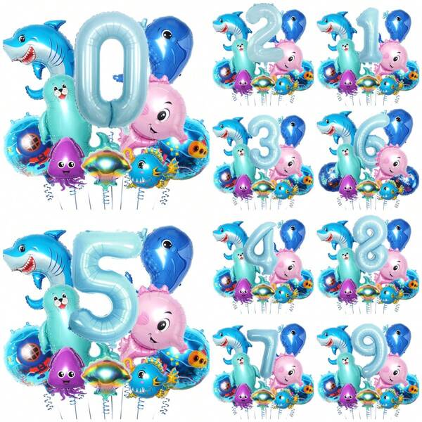 12pcs Ocean Themed Undersea World Birthday Set Including 32-Inch Balloon Numbers, Shark, Whale, Seahorse, Seal, Squid, Shell Aluminum Foil Balloons. With These, Your Kid's Birthday Party Will Be More Fun,Christmas