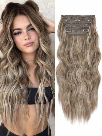 4入組夾式捲髮延伸,長捲髮延伸,厚密長髮件,適用於女士20英寸灰棕色亮點全頭
