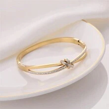 1pc Fashionable & Delicate Crystal Point Stainless Steel Crossed Bowknot Open Cuff Bracelet For Women's Daily Wear