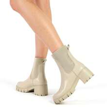 Womens Lug Sole Chelsea Boots Block Chunky Heel Mid Calf Boots Platform Ankle Booties Slip On - Màu be - Xem 5