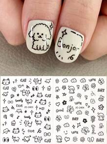 2入組卡通可愛貓咪指甲貼紙，可愛小狗塗鴉動物指甲藝術貼紙紋身美甲裝飾DIY - 黑色 - 查看 1