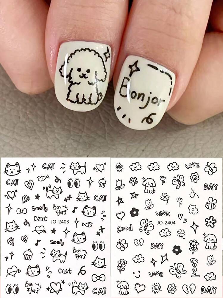 2入組卡通可愛貓咪指甲貼紙，可愛小狗塗鴉動物指甲藝術貼紙紋身美甲裝飾DIY - 黑色 - 查看 1
