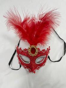 New Arrival Feathered Masquerade Mask For Party, Festival, Cosplay, DIY Decoration, Eye Venetian Mask For Carnival & Stage Performance, Half Face Mask Royal - Red - View 2