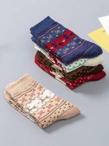 5雙/包女士加厚中筒襪,聖誕主題鹿紋圖案,適合秋冬季穿著