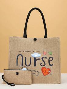 2pcs/set Simple Pattern Burlap Tote Bag For Travel & Vacation, Best Gift For Nurses And Friends - Khaki - View 2