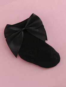 1雙兒童簡約純色時尚百搭舒適秋冬短襪,配有大蝴蝶結 - 黑色 - 查看 2