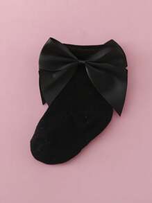 1雙兒童簡約純色時尚百搭舒適秋冬短襪,配有大蝴蝶結 - 黑色 - 查看 1