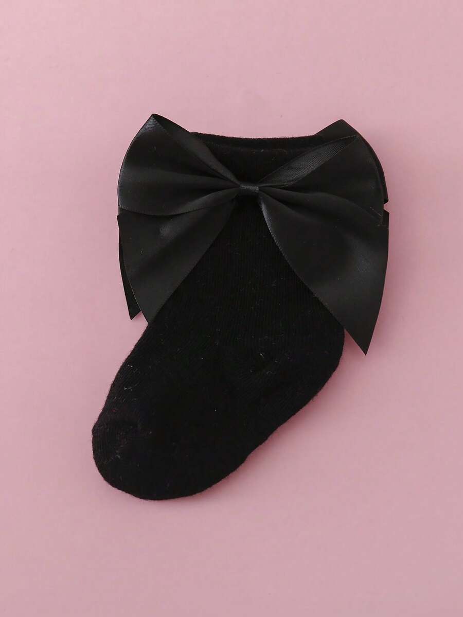 1雙兒童簡約純色時尚百搭舒適秋冬短襪,配有大蝴蝶結 - 黑色 - 查看 1