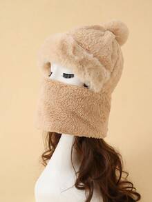 1 Miếng Mùa Đông Màu thuần Sang trọng Mũ Với Pom-pom Trái bóng & Khăn quàng cổ & Mặt nạ Bộ , Giữ Ấm áp , Chống gió & Chống lạnh Đối với Ngoài trời Đạp xe Hoặc Vô cùng Thời tiết - Màu Khaki - Xem 2