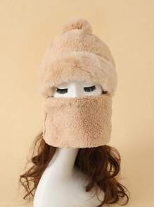 1 Miếng Mùa Đông Màu thuần Sang trọng Mũ Với Pom-pom Trái bóng & Khăn quàng cổ & Mặt nạ Bộ , Giữ Ấm áp , Chống gió & Chống lạnh Đối với Ngoài trời Đạp xe Hoặc Vô cùng Thời tiết - Màu Khaki - Xem 1
