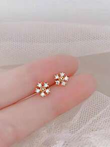 簡約優雅的s925純銀和14k純金雪花設計旋轉耳環,適合女士配戴 - 金色 - 查看 2