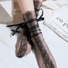 1 đôi Của Đen Ren Vớ , Trong suốt Lưới Dây đai , Pha lê Vớ , Nơ bướm Trong suốt Vớ - màu đen - Xem 2