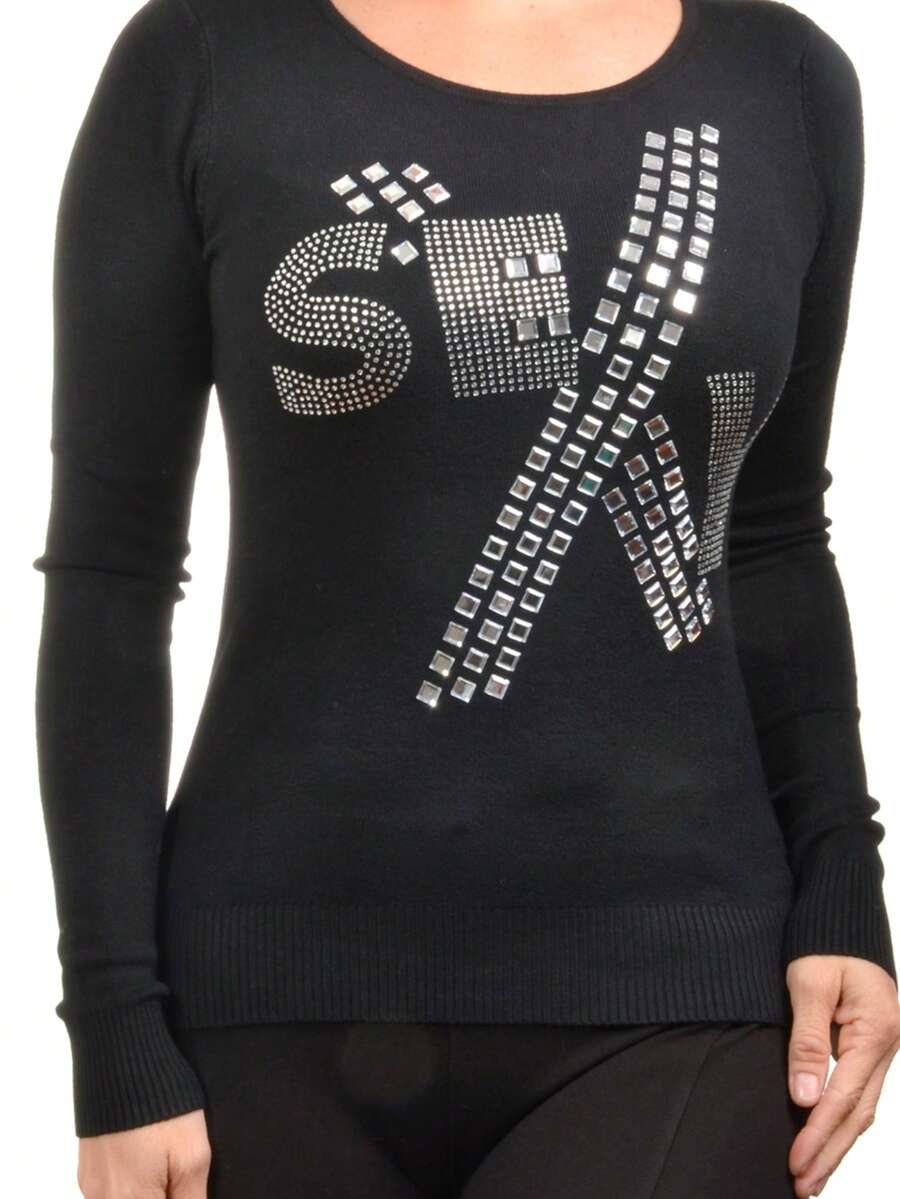 Sweater Sweater Winter Blouse Slim Knit Fabric Round Neck With Glitter Letters CK1-206 - Black - View 1