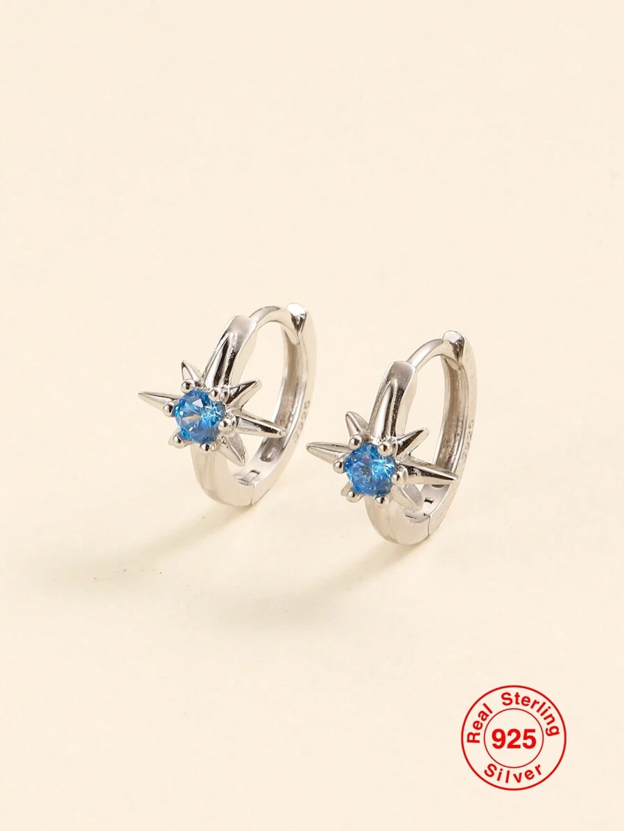 1 對純銀 S925 銀八角星和藍石女士耳環,時尚奢華女士珠寶禮物