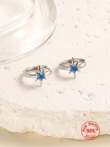 1 對純銀 S925 銀八角星和藍石女士耳環,時尚奢華女士珠寶禮物