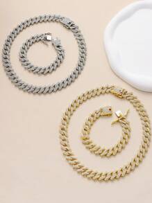 1條男士合金15mm項鍊-歐美風格雙排全鑲鑽棒型吊墜項鍊 - 金色 - 查看 8