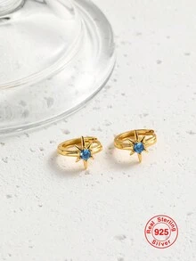 1 對 925 純銀鍍金八角星星和海藍色方晶鋯石女式耳環,送給女孩的時尚奢華珠寶禮物 - 金色 - 查看 5