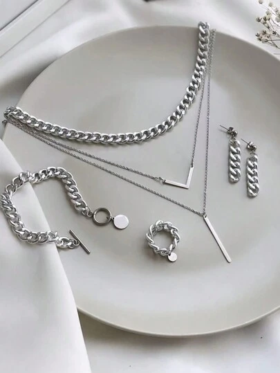 5 件裝簡約合金手鍊、耳環、項鍊、戒指和分層項鍊套裝