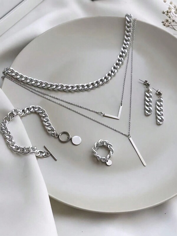 5pcs Simple Alloy Bracelet, Earring, Chain Necklace, Ring & Layered Necklace Set