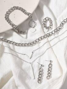 5 件裝簡約合金手鍊、耳環、項鍊、戒指和分層項鍊套裝 - 銀色 - 查看 5
