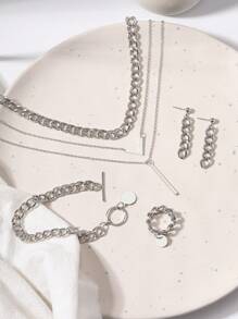 5 件裝簡約合金手鍊、耳環、項鍊、戒指和分層項鍊套裝 - 銀色 - 查看 4