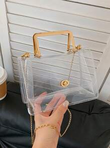 Waterproof 1pc Metal Chain Decorated Transparent Pvc Jelly Bag For Women's Daily Use, Dating, Waterproof, Sandproof Transparent Bag, Beach Sports Picnic Snacks Clear Purse For Women - Clear - View 2