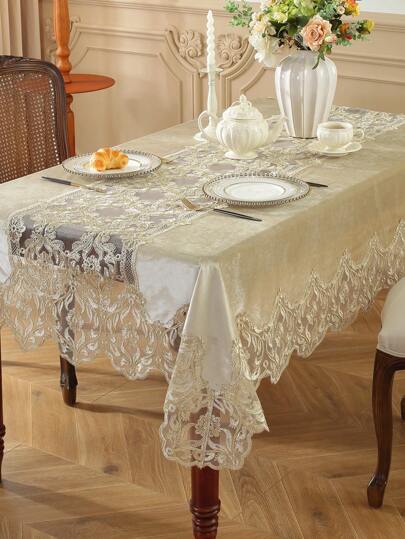 1pc Rectangular Tablecloth, Square Tablecloth Suitable For Kitchen, Conference Table, Table Cover Place Mat With Delicate 3d Gold Thread Embroidery Lace Edging. Made Of Velvet Material, Suitable For All Seasons, Dirt-Proof And Heat-Proof, Ideal For Home/ Festival Decoration Best Gifts,Wedding Tablecloth,Wedding Decor,Home Decor ,Room Decor, Birthday Graduation Birthday Decorations Party Decorations Bachelorette