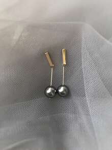 法式高端款S925純銀灰黑色珍珠吊墜耳環一對，通用款14K黃金鍍層長式耳環，適合送給女士的禮物 - 灰色 - 查看 4