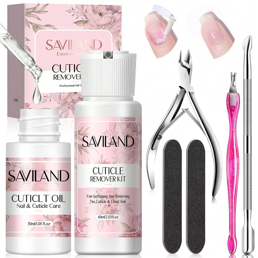 SAVILAND Cuticle Remover And Cuticle Oil Kit – Nail Care Kit With Cuticle Remover Liquid & 1.01 Oz Cuticle Oil Cuticle Trimmer For Cuticle Softener & Moisturize Manicure Kit For Home Use - White - View 1