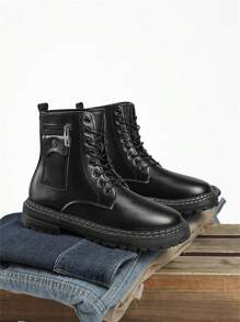 全季男士高筒pu皮靴,黑色運動鞋,戶外休閒靴 - 黑色 - 查看 8