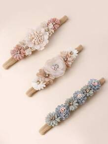 3pcs Ivory-colored Craft Flower & Rhinestone Decorated Seamless Elastic Hair Ties For Kids' Festive Decoration