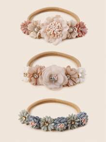 3pcs Ivory-colored Craft Flower & Rhinestone Decorated Seamless Elastic Hair Ties For Kids' Festive Decoration