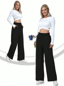 女式闊腿運動褲,帶蕾絲飾邊口袋,適合休閒、購物、工作、跑步