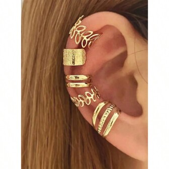 5pcs Women's Leaf Shaped Non Pierced Fake Ear Cuff Earrings Silver Jewelry Set