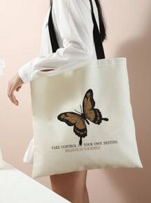極簡蝴蝶圖案雙面印花亞麻單肩托特包 - 彩色 - 查看 2