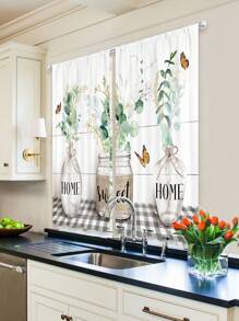 2pcs/Set Countryside Style Kitchen Window Curtains With Eucalyptus Leaves, Inspirational Butterflies & Black-White Plaid Wooden Board Design, Cordless, 27.5in X 39in