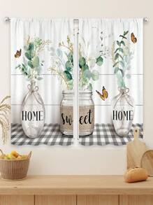 2pcs/Set Countryside Style Kitchen Window Curtains With Eucalyptus Leaves, Inspirational Butterflies & Black-White Plaid Wooden Board Design, Cordless, 27.5in X 39in