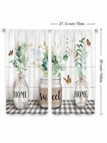 2pcs/Set Countryside Style Kitchen Window Curtains With Eucalyptus Leaves, Inspirational Butterflies & Black-White Plaid Wooden Board Design, Cordless, 27.5in X 39in
