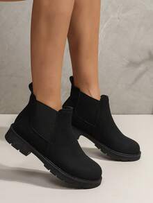 Botas Negras Básicas Planas De Color Sólido Para Mujeres, Fáciles De Poner - Negro - Ver 4