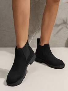 Botas Negras Básicas Planas De Color Sólido Para Mujeres, Fáciles De Poner - Negro - Ver 2