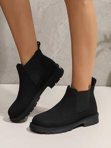 Botas Negras Básicas Planas De Color Sólido Para Mujeres, Fáciles De Poner - Negro - Ver 1