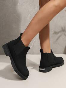 Botas Negras Básicas Planas De Color Sólido Para Mujeres, Fáciles De Poner - Negro - Ver 5