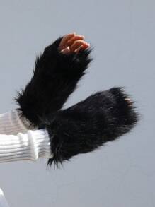 一對女性仿毛裝飾個性化多功能手臂套,適用於日常使用 - 黑色 - 查看 1