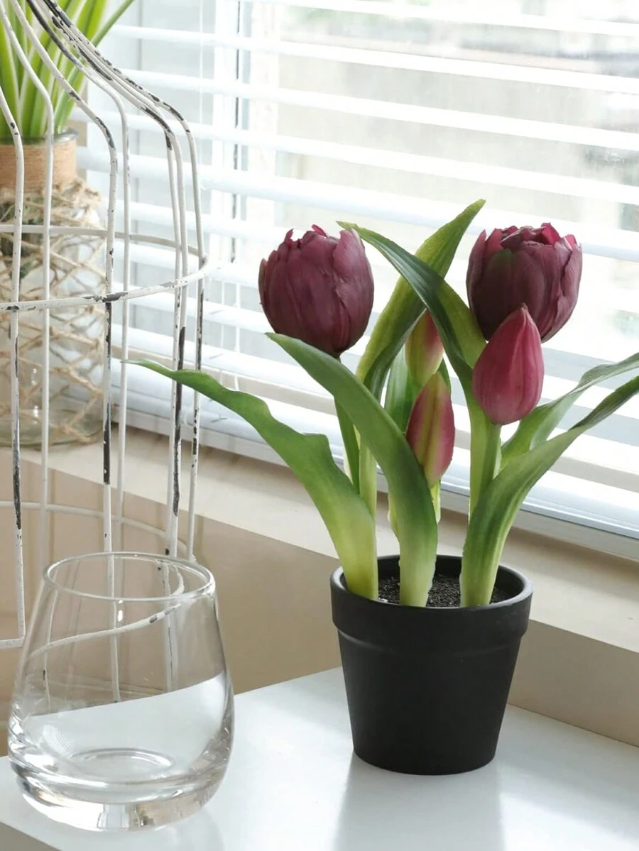 仿真花卉套裝附花盆,假郁金香綠葉,小型盆裝花卉裝飾,適用於辦公室、書架、臥室、客廳、桌子、婚禮及家居裝飾 - 酒紅色 - 查看 1