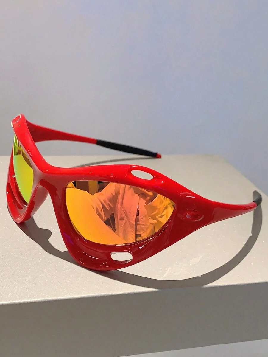 1 件男女通用 Y2k 风格彩色镜框时尚运动时尚眼镜，适合骑行和户外活动 - 紅色 - 查看 1