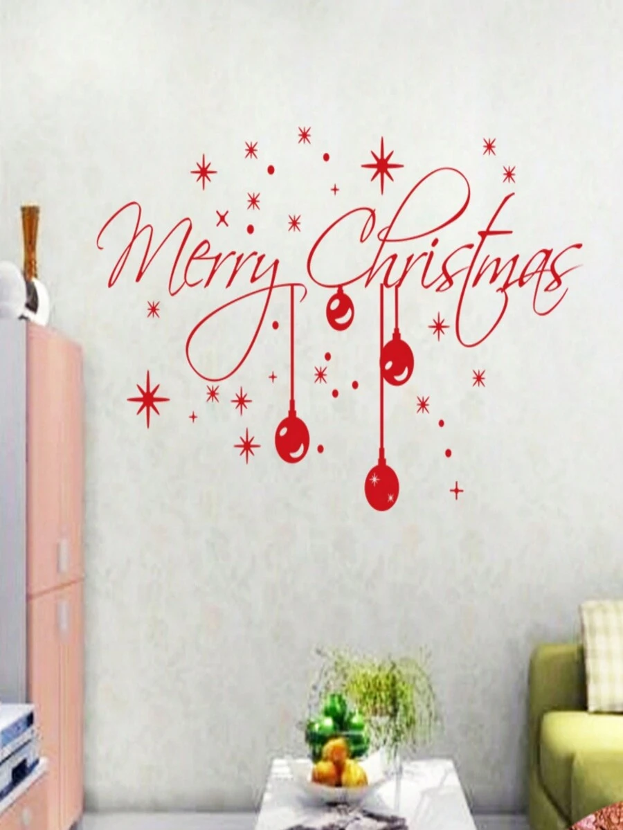1pc 33*60cm New Christmas Star & Ball Shape Removable Wall Sticker Saying 'merry Christmas' - Red - View 1